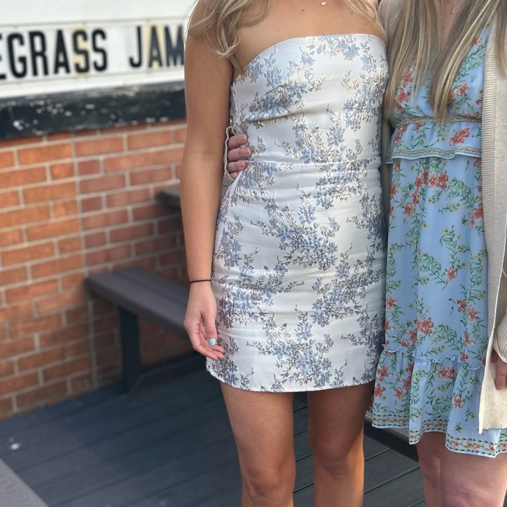 Altar'd State Strapless Floral Embroidered Mini Dress